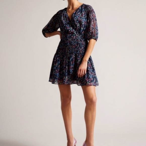 #43 NWT Ted Baker Casadee Smock Panel Wrap Mini Dress in Dark Navy - Picture 1 of 8